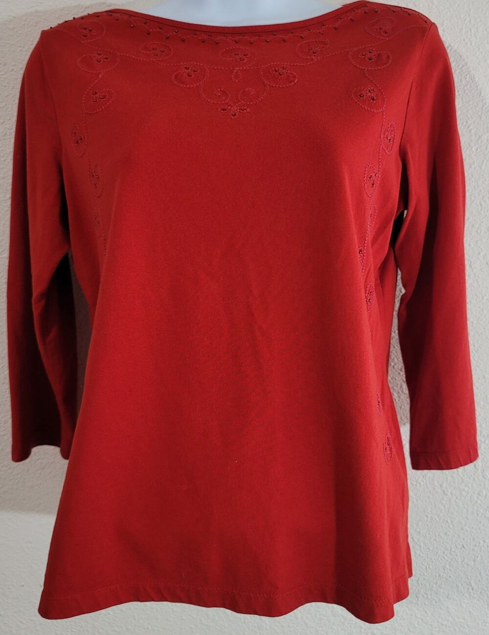 Villager Sport Red Embroidered Beaded Detail Small Boat Neck 3/4 Sleeves
